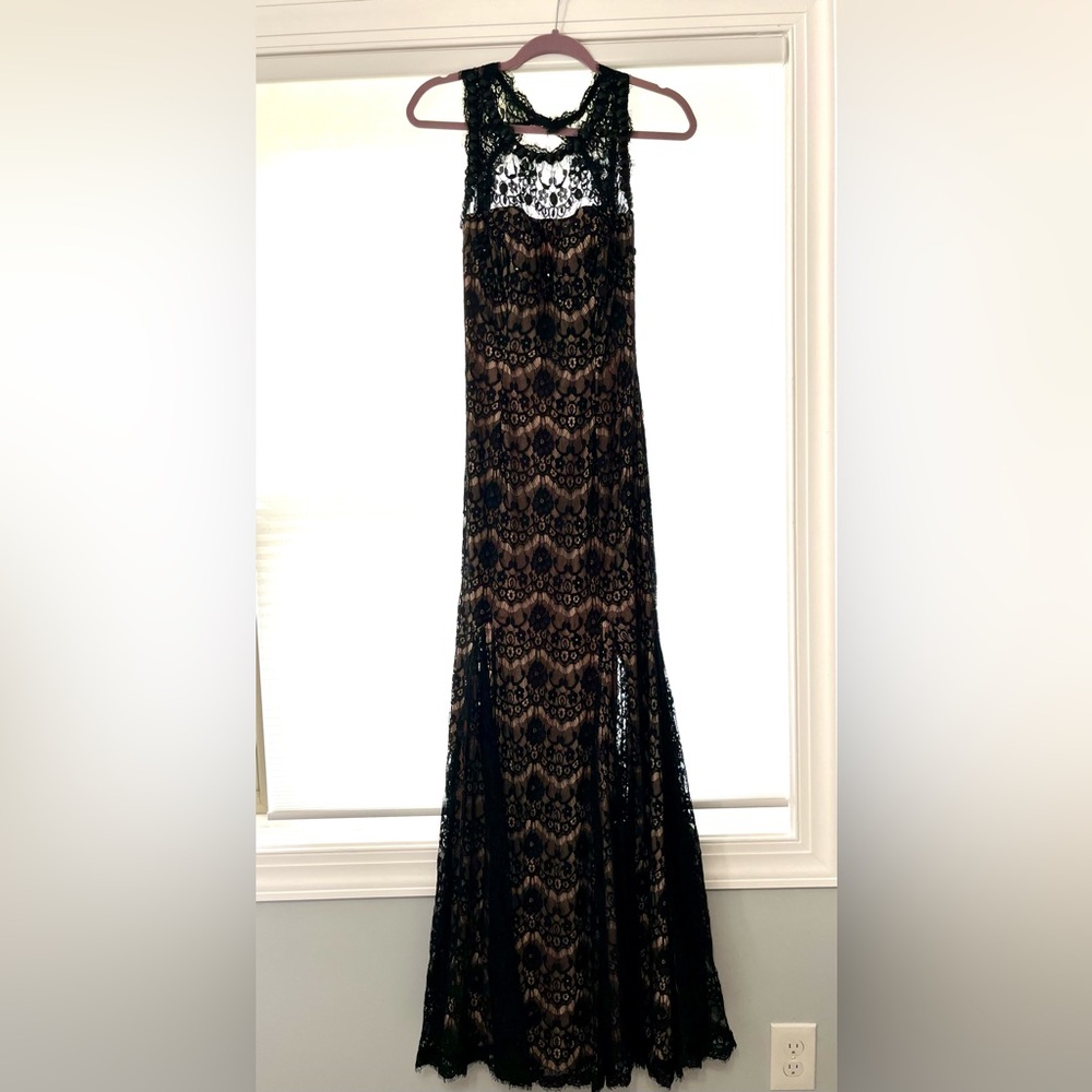 Formal Black Lace Floor Length Dress - M